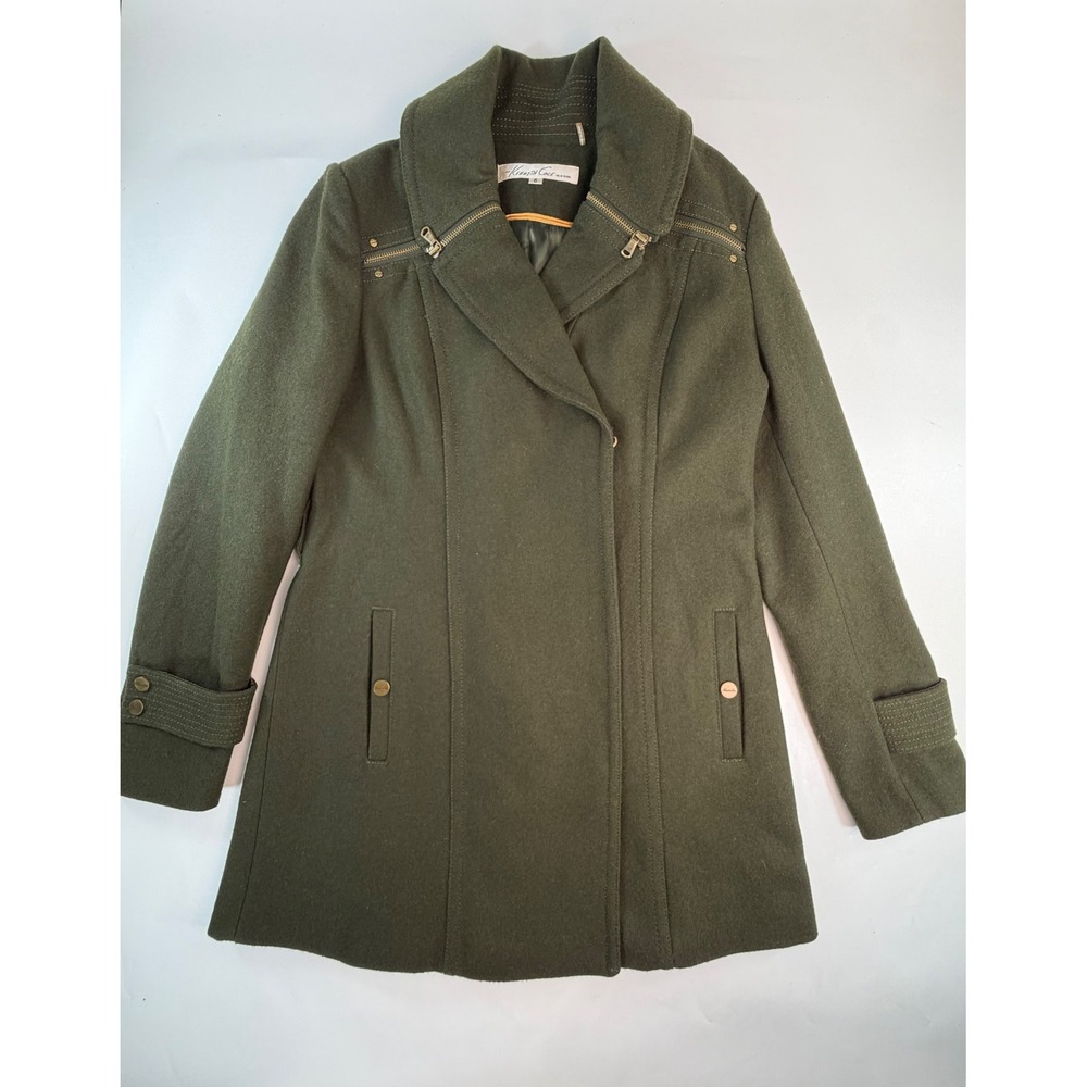 Kenneth Cole New York Olive Green Wool Blend Asymmetrical Zip Coat Womens 6